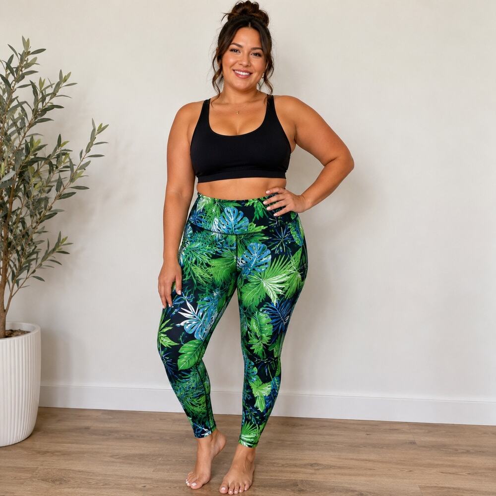 Emily Hsu Green Tropical Palm Print High Waist Leggings Sz L